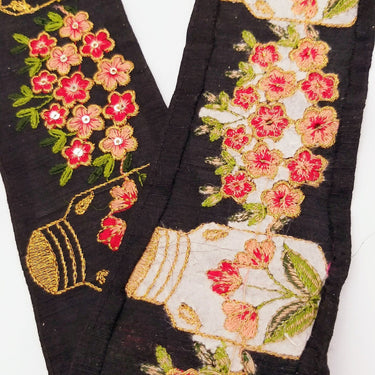 Black Art Silk Trim With Floral Embroidery & Sequins, Red, Green And Gold Flower Embroidered Trim